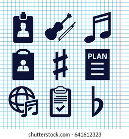 Set of 9 note filled icons such as clipboard, violin, international music, musical sharp, bemol, plan, resume