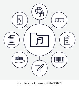 Set of 9 note outline icons such as notebook, medical clipboard, piano, mobile phone music, music folder, documents box