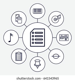 Set of 9 note outline icons such as document, piano, paper, cash payment, pin