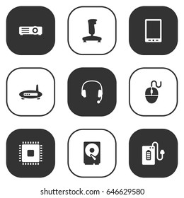 Set Of 9 Notebook Icons Set.Collection Of Microprocessor, Headset, Palmtop And Other Elements.
