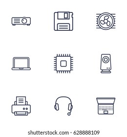 Set Of 9 Notebook Outline Icons Set.Collection Of Laptop, Headphone, Speaker And Other Elements.