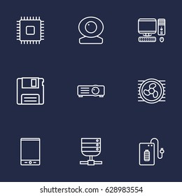 Set Of 9 Notebook Outline Icons Set.Collection Of Floppy, Projector, Tablet And Other Elements.