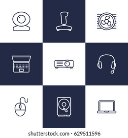 Set Of 9 Notebook Outline Icons Set.Collection Of Web Cam, Computer Mouse, Headphone And Other Elements.
