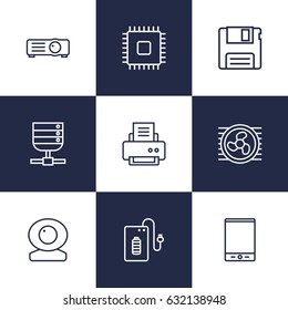 Set Of 9 Notebook Outline Icons Set.Collection Of Floppy, Printer, Cooler And Other Elements.