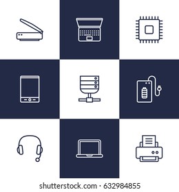 Set Of 9 Notebook Outline Icons Set.Collection Of Notebook, Headphone, Printer And Other Elements.