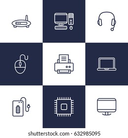 Set Of 9 Notebook Outline Icons Set.Collection Of PC, Computer Mouse, Cpu And Other Elements.