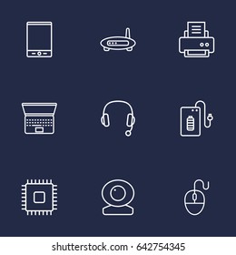 Set Of 9 Notebook Outline Icons Set.Collection Of Headphone, Powerbank, Computer Mouse And Other Elements.