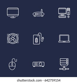 Set Of 9 Notebook Outline Icons Set.Collection Of PC, Cooler, Projector And Other Elements.