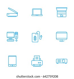 Set Of 9 Notebook Outline Icons Set.Collection Of Printer, Projector, Monitor And Other Elements.