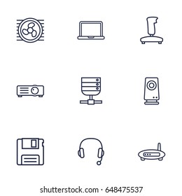 Set Of 9 Notebook Outline Icons Set.Collection Of Floppy, Modem, Projector And Other Elements.