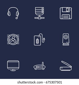 Set Of 9 Notebook Outline Icons Set.Collection Of Monitor, Server, Floppy And Other Elements.