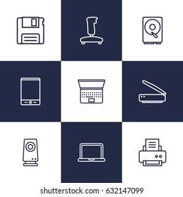 Set Of 9 Notebook Outline Icons.Collection Of Notebook, Hdd, Laptop And Other Elements.