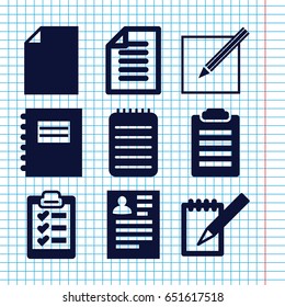 Set of 9 notepad filled icons such as resume, notebook, paper and pen, paper, clipboard, notepad