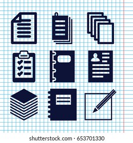 Set of 9 notepad filled icons such as resume, paper, notebook, paper and pen, clipboard