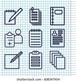 Set of 9 notepad outline icons such as resume, paper, notebook, doctor prescription, paper and pen