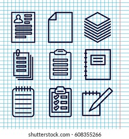 Set of 9 notepad outline icons such as resume, paper, notebook, clipboard, notepad