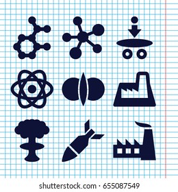 Set of 9 nuclear filled icons such as factory, rocket bomb, atom, atom fusion