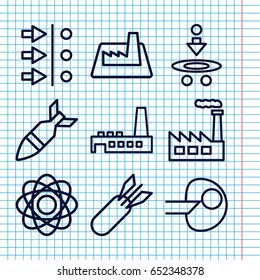 Set of 9 nuclear outline icons such as factory, rocket bomb, atom, atom move