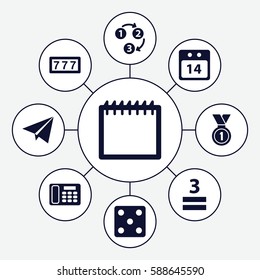 Set of 9 number filled icons such as 7 number, Dice, 3 allowed, desk phone, 14 date calendar, medal, 1 2 3, paper plane