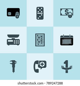 Set of 9 number filled icons such as caliper, domino, calendar, money security, abacus, credit card security, call ambulance, kitchen scale