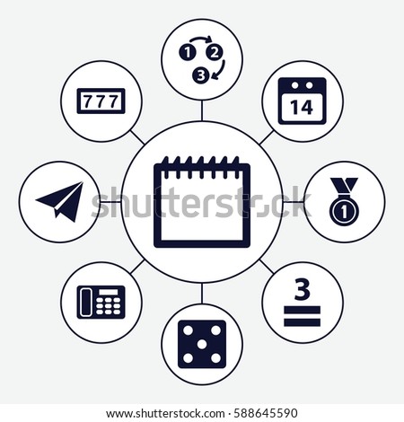 Set of 9 number filled icons such as 7 number, Dice, 3 allowed, desk phone, 14 date calendar, medal, 1 2 3, paper plane