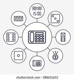 Set of 9 number outline icons such as 7 number, Dice, domino, desk phone, digital time