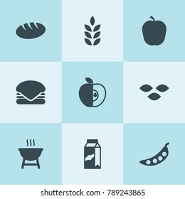 Set of 9 nutrition filled icons such as wheat, seeds, bread, pea, burger, apple, milk