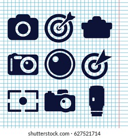Set of 9 objective filled icons such as camera, camera lense, camera focus