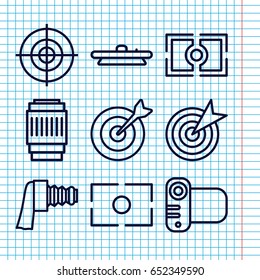 Set of 9 objective outline icons such as camera, camera zoom