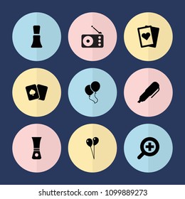 Set of 9 objects filled icons such as nail polish, balloon, playing card, zoom in, pen