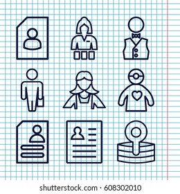 Set of 9 occupation outline icons such as Casino girl, maid, resume, medical reflector, doctor with medical reflector, waiter