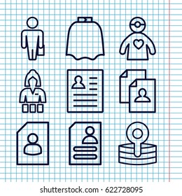 Set of 9 occupation outline icons such as hairdresser peignoir, Casino girl, resume, medical reflector, doctor with medical reflector