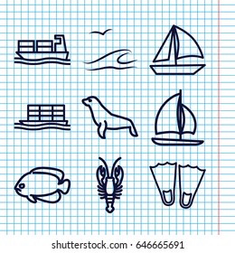 Set of 9 ocean outline icons such as crab, fish, seal, cargo ship, sea and gull, sailboat
