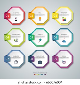 Set of 9 octagon elements for infographics. Colorful vector banners. Design templates that can be used for workflow layout, report, number and step options, web design.