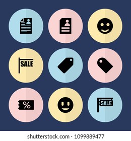 Set of 9 offer filled icons such as tag, smile, sale, ticket on sale