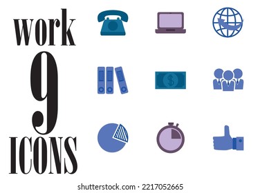 set of 9 office element icons in different colors.