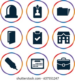 set of 9 office filled icons such as door, house, case, folder, clipboard, calendar, checklist, pen