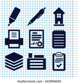 Set of 9 office filled icons such as building, pen, notebook, clipboard, highlighter, signed document, printer