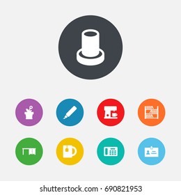 Set Of 9 Office Icons Set.Collection Of Book, Phone , Stand Elements.