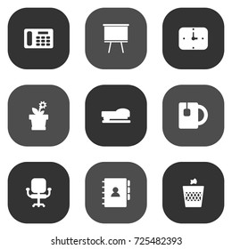 Set Of 9 Office Icons Set.Collection Of Time, Sew, Book And Other Elements.