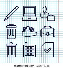 Set of 9 office outline icons such as building, trash bin, pen, documents box, file, camera case, bin, woman consultant with case