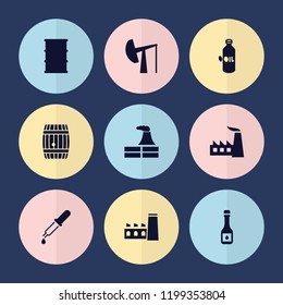 Set of 9 oil filled icons such as oil, factory, barrel, pipette