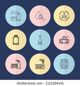 Set of 9 oil outline icons such as canister, factory, pump, cargo terminal, oil, barrel