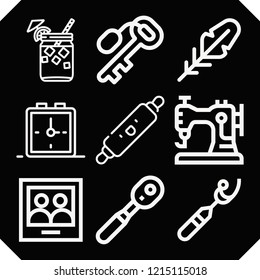 Set of 9 old outline icons such as alcoholic drinks, alarm clock, quill, wrench, picture, rolling pin, ripper, sewing machine