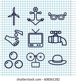 Set of 9 old outline icons such as woman hat, hands washing, TV, tap, anchor, mill, canon ball, glasses