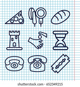 Set of 9 old outline icons such as bread, castle, razor, hands washing, microphone, desk phone, sundial