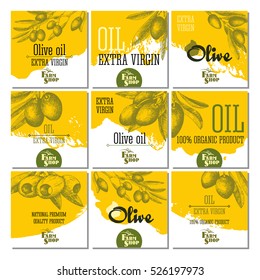 Set of 9 olive cards for design olive oil, Italian and Greece food. Vector hand drawn sketch isolated illustrations olives branches.