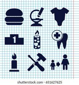 Set of 9 one filled icons such as baby onesie, candle, son and father, microscope, dental care, ranking, burger