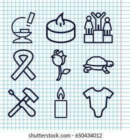 Set of 9 one outline icons such as turtle, baby onesie, rose, microscope, candle, ribbon, ranking