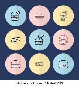 Set of 9 onion outline icons such as wrap sandwich, double burger with flag, burger with pepper, cheeseburger